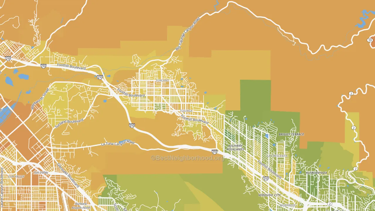 Map of the best neighborhoods in the 91042 area, with better matches in green and worse matches in red