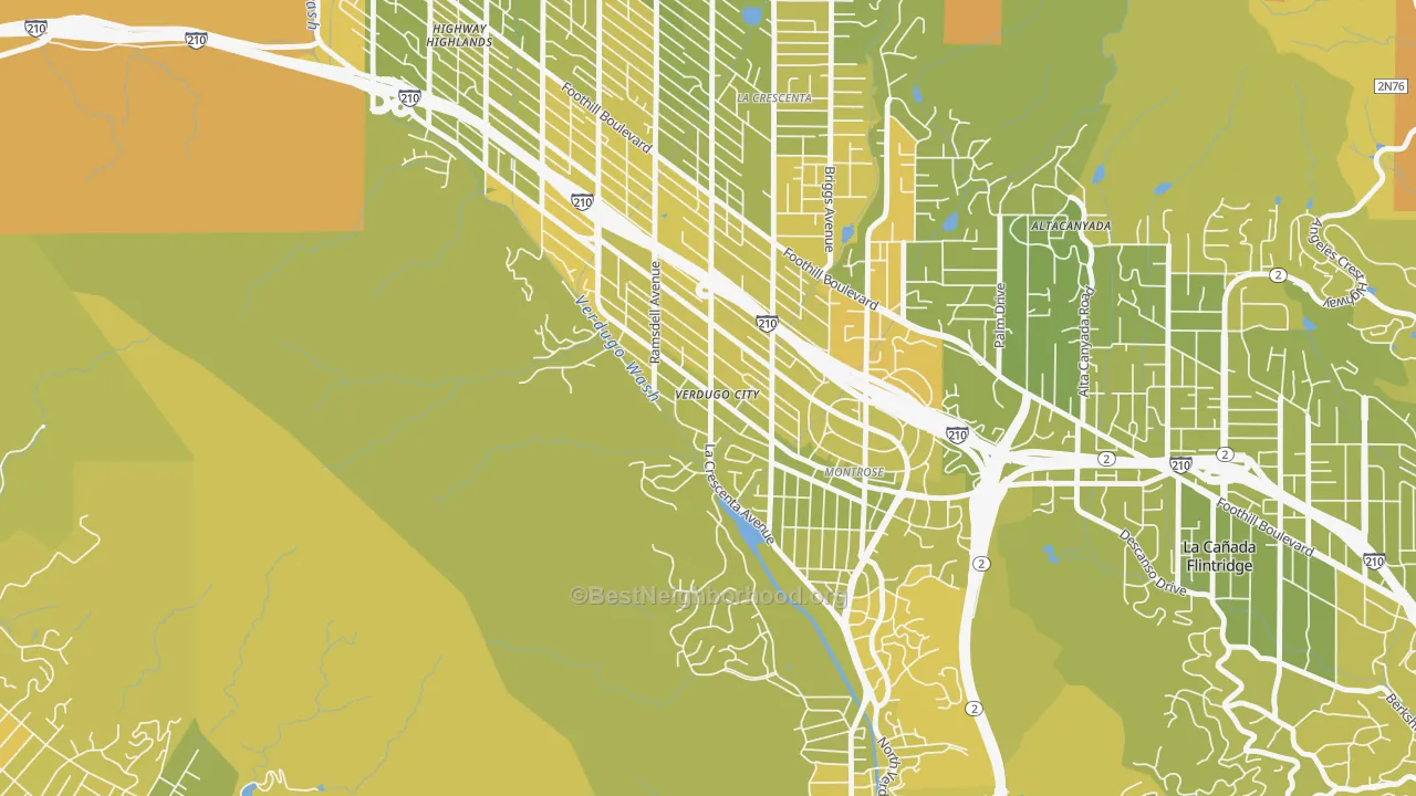 Map of the best neighborhoods in the 91046 area, with better matches in green and worse matches in red