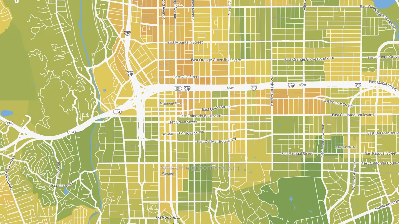 Map of the best neighborhoods in the 91101 area, with better matches in green and worse matches in red