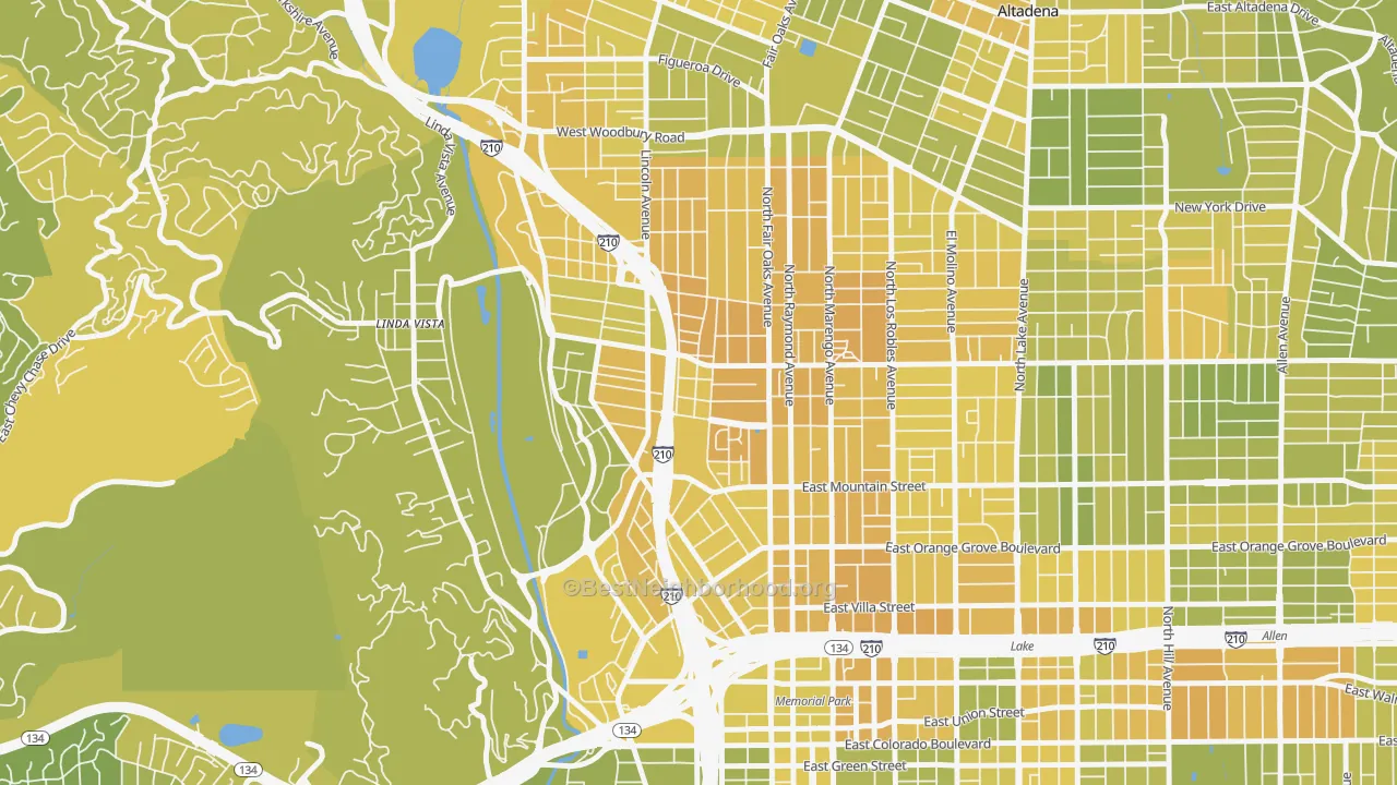 Map of the best neighborhoods in the 91103 area, with better matches in green and worse matches in red