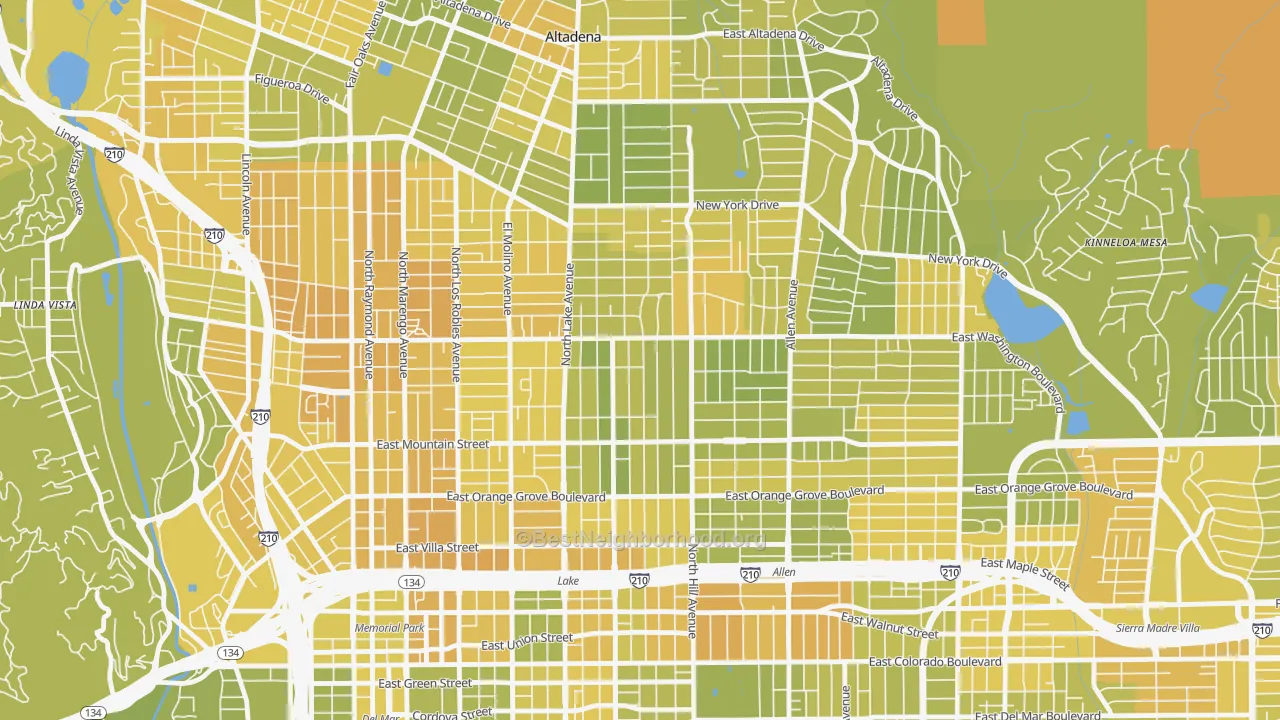 Map of the best neighborhoods in the 91104 area, with better matches in green and worse matches in red