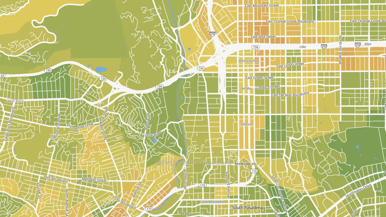 Map of the best neighborhoods in the 91105 area, with better matches in green and worse matches in red