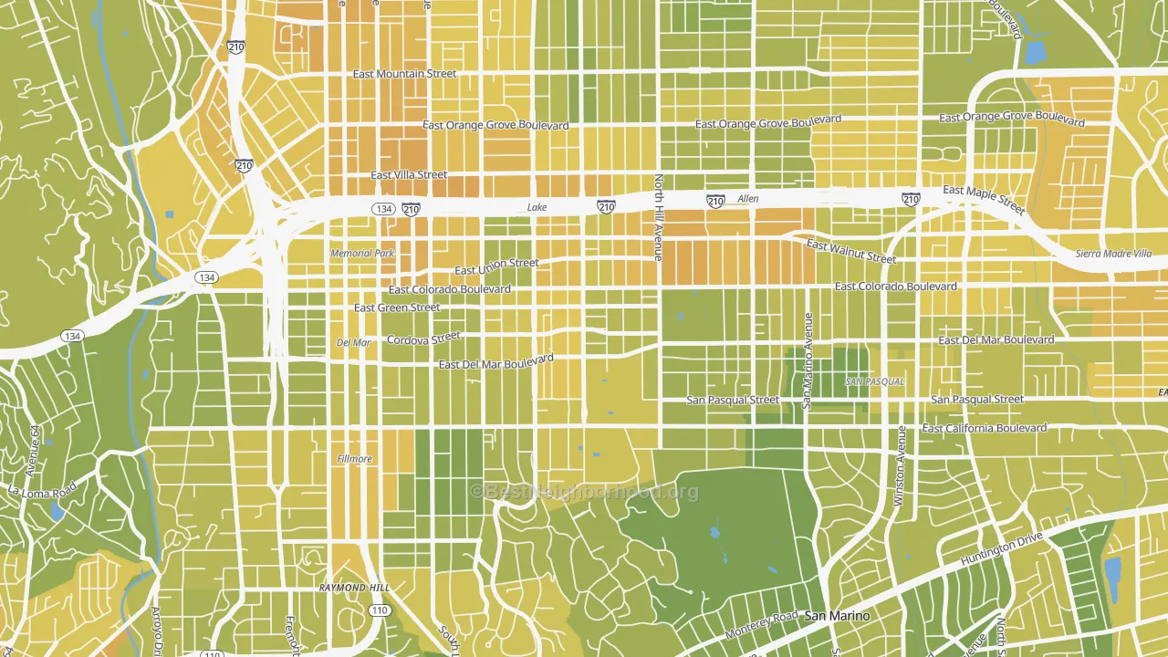 Map of the best neighborhoods in the 91106 area, with better matches in green and worse matches in red