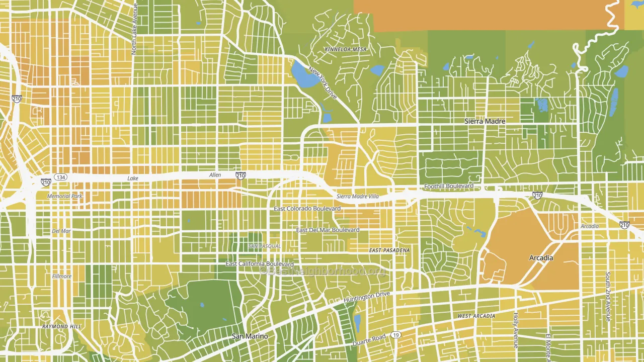 Map of the best neighborhoods in the 91107 area, with better matches in green and worse matches in red
