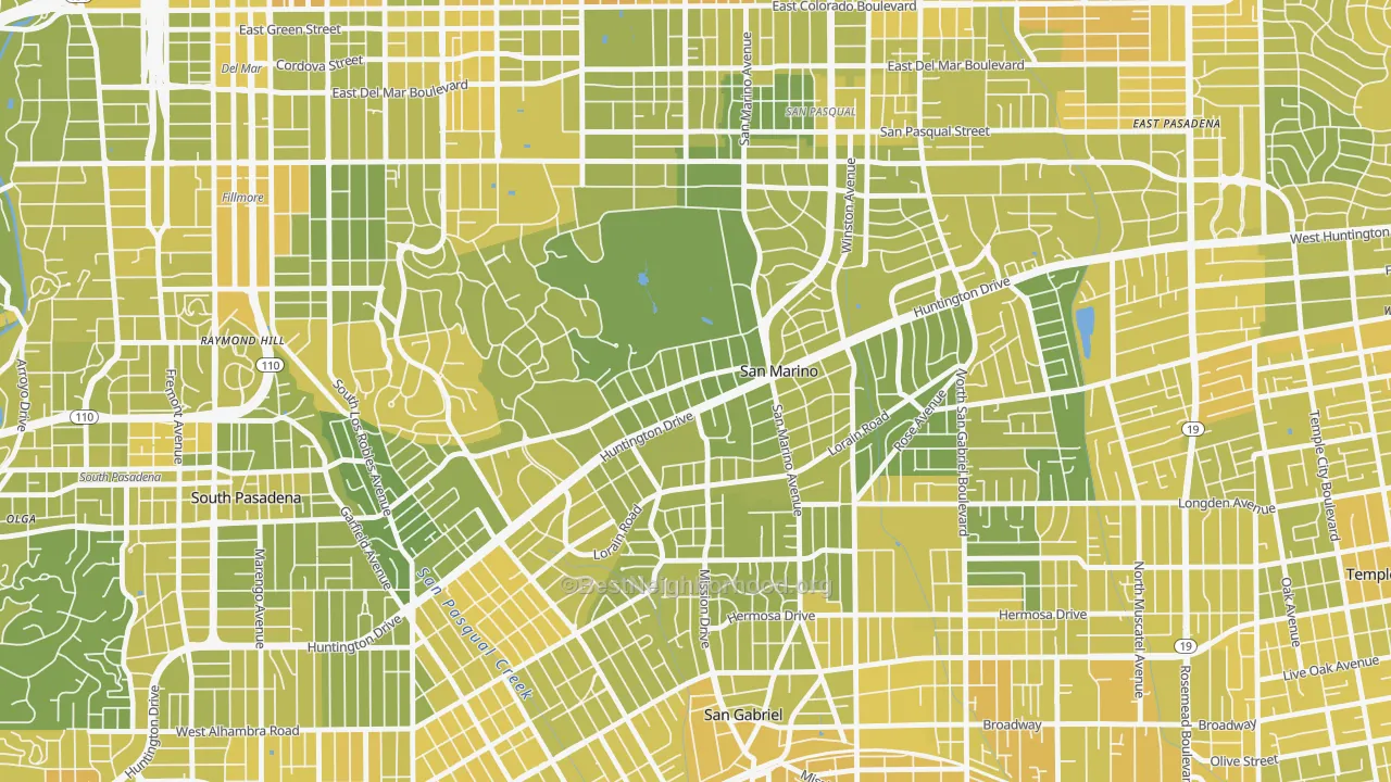 Map of the best neighborhoods in the 91108 area, with better matches in green and worse matches in red