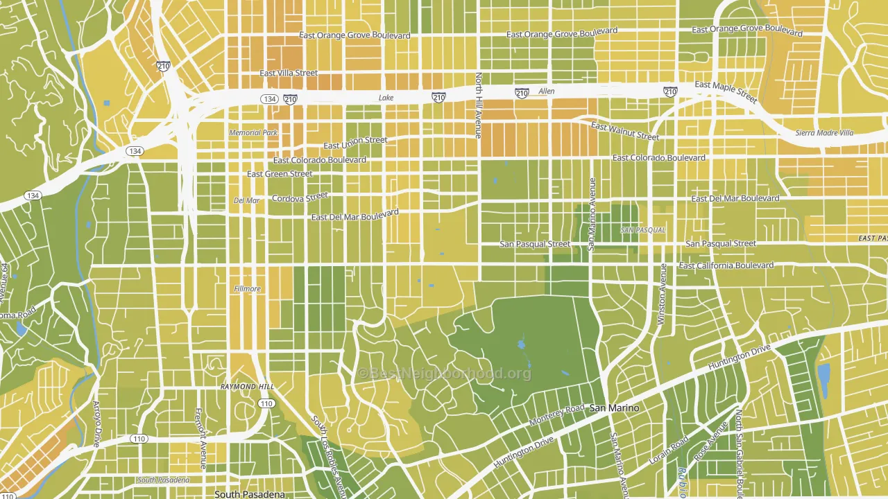 Map of the best neighborhoods in the 91125 area, with better matches in green and worse matches in red