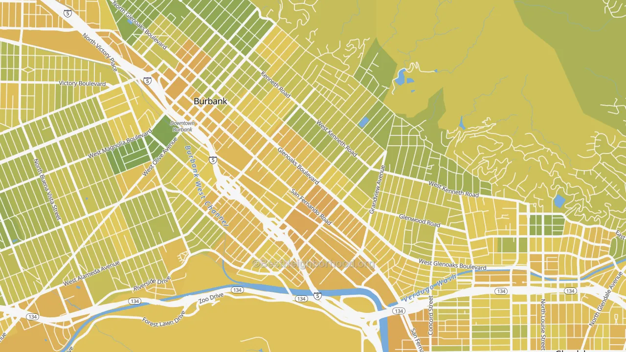 Map of the best neighborhoods in the 91201 area, with better matches in green and worse matches in red