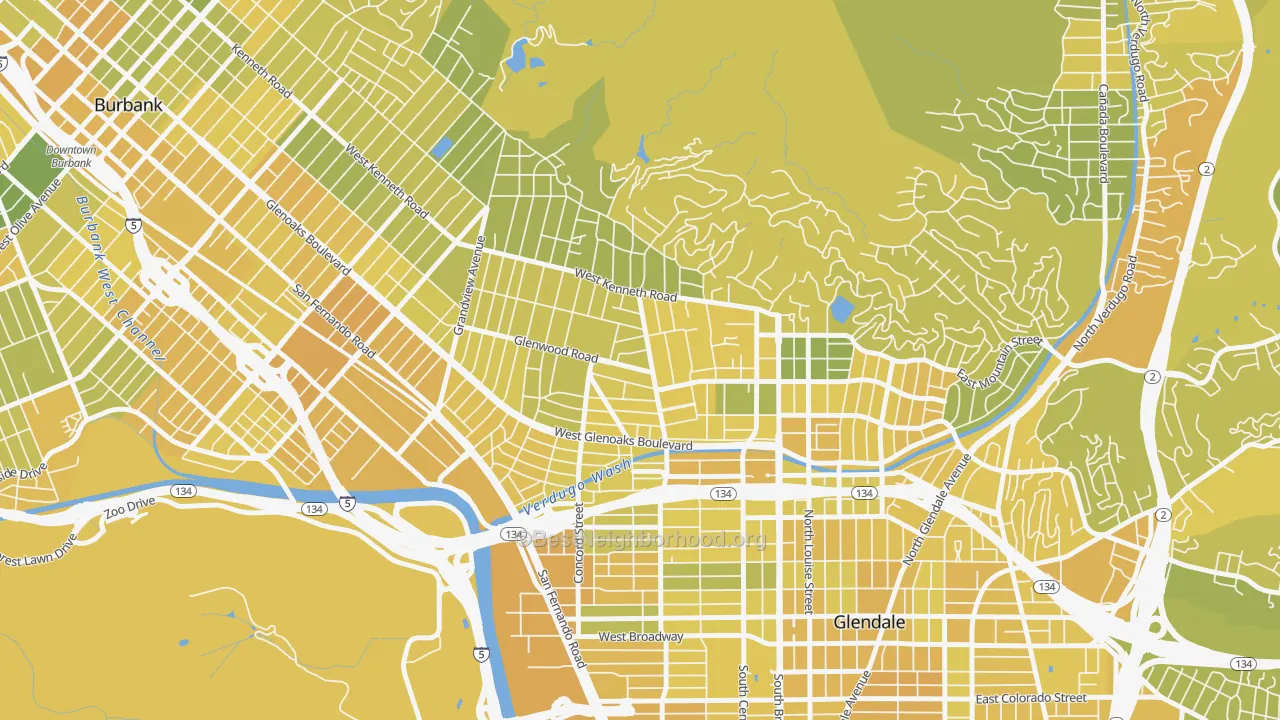 Map of the best neighborhoods in the 91202 area, with better matches in green and worse matches in red