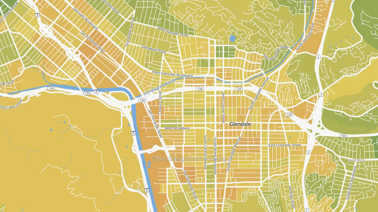 Map of the best neighborhoods in the 91203 area, with better matches in green and worse matches in red