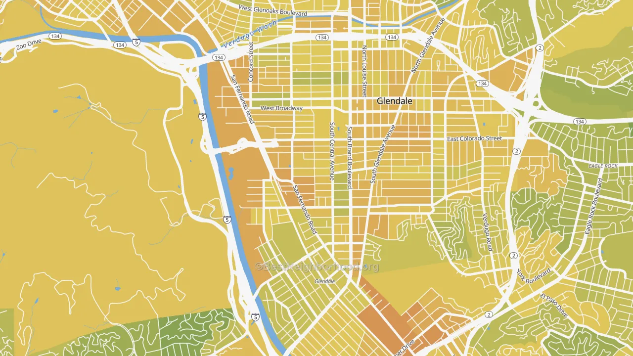 Map of the best neighborhoods in the 91204 area, with better matches in green and worse matches in red