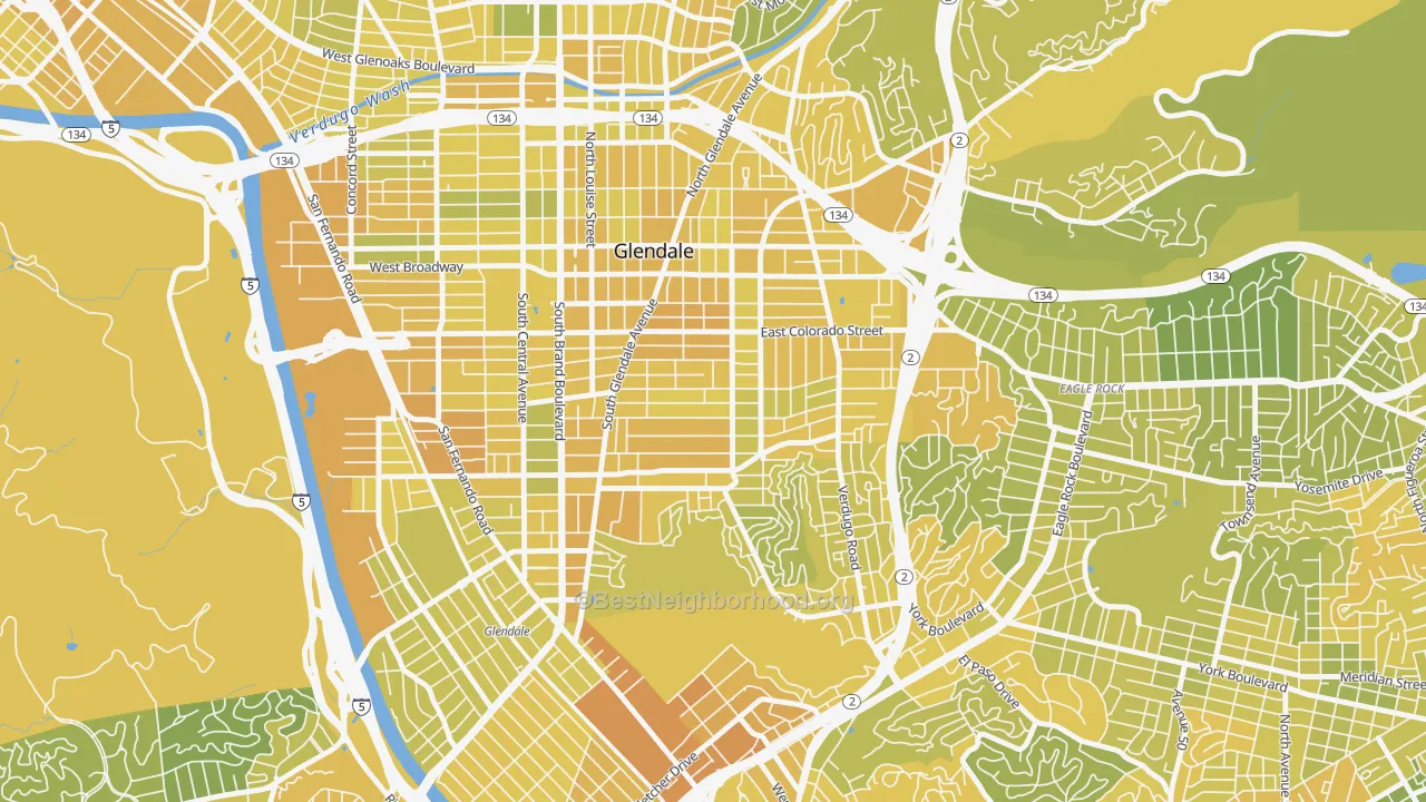 Map of the best neighborhoods in the 91205 area, with better matches in green and worse matches in red