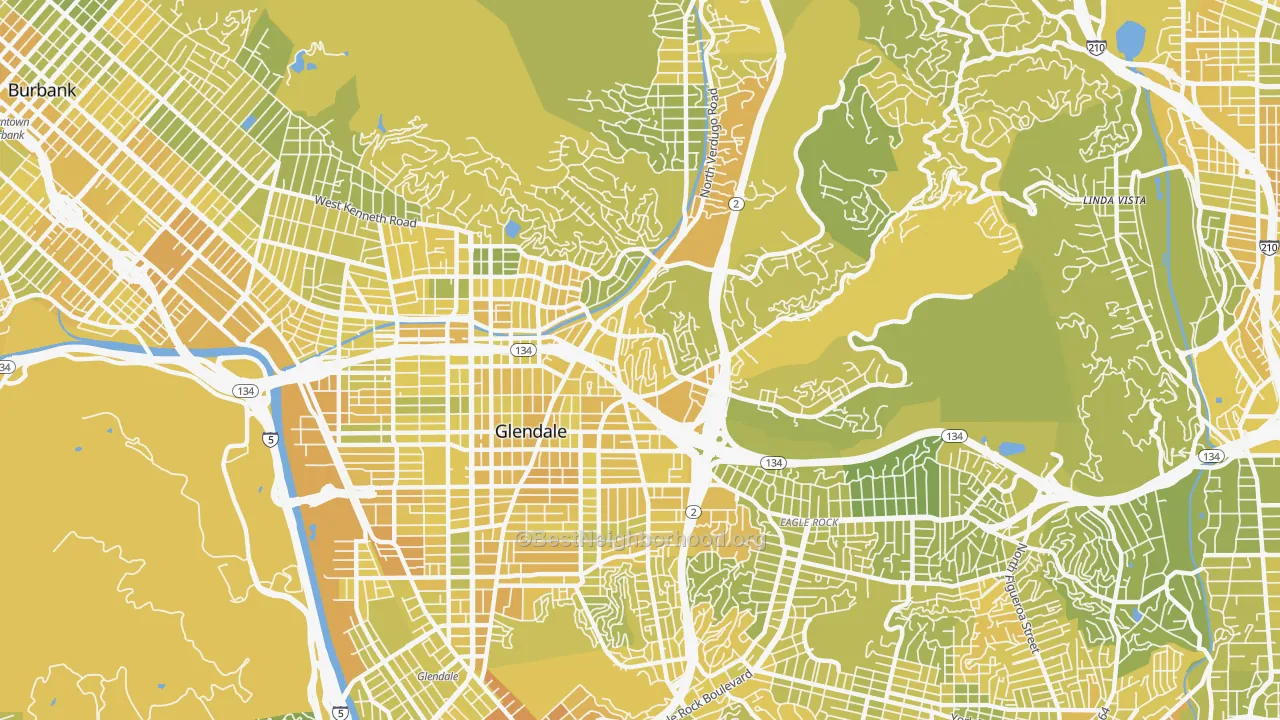 Map of the best neighborhoods in the 91206 area, with better matches in green and worse matches in red