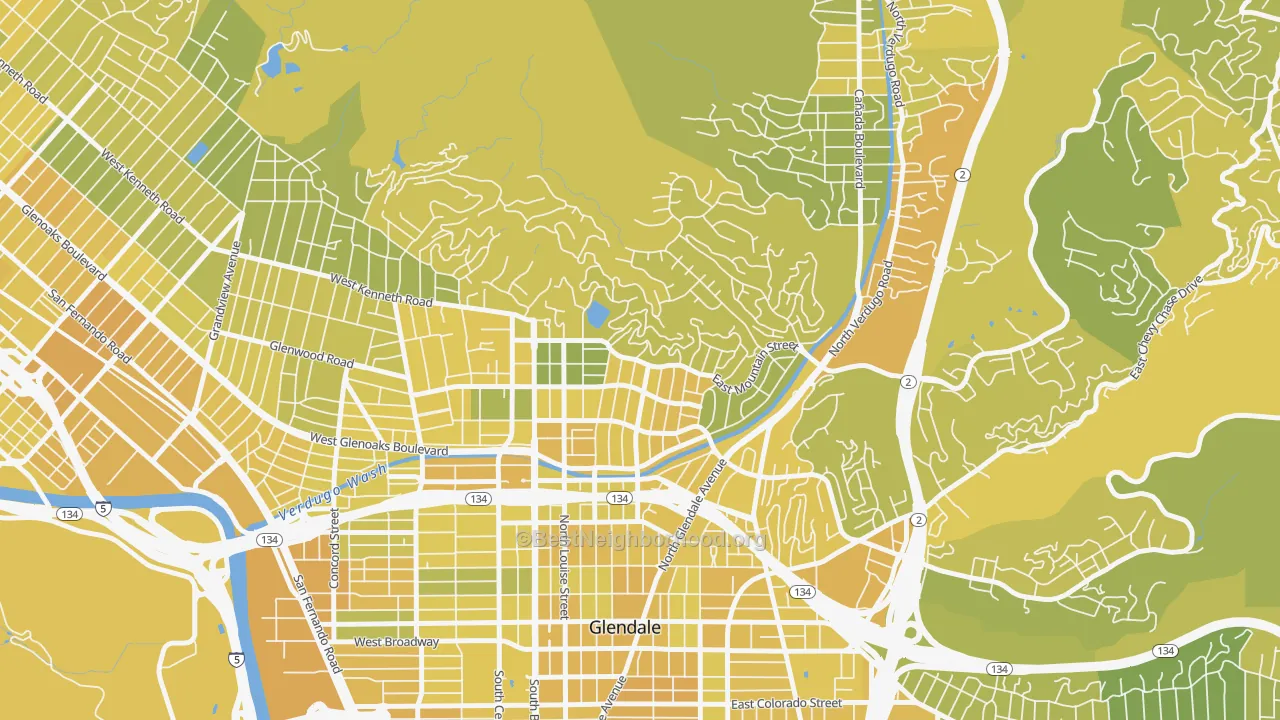 Map of the best neighborhoods in the 91207 area, with better matches in green and worse matches in red