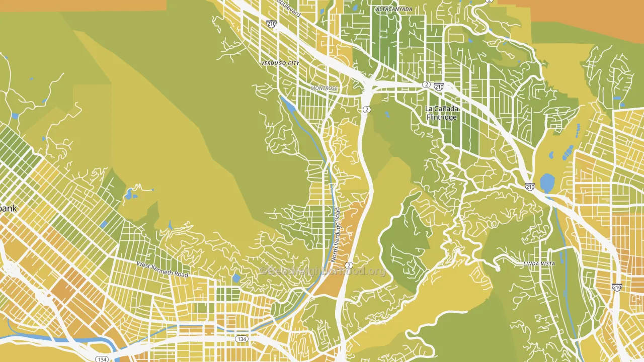Map of the best neighborhoods in the 91208 area, with better matches in green and worse matches in red