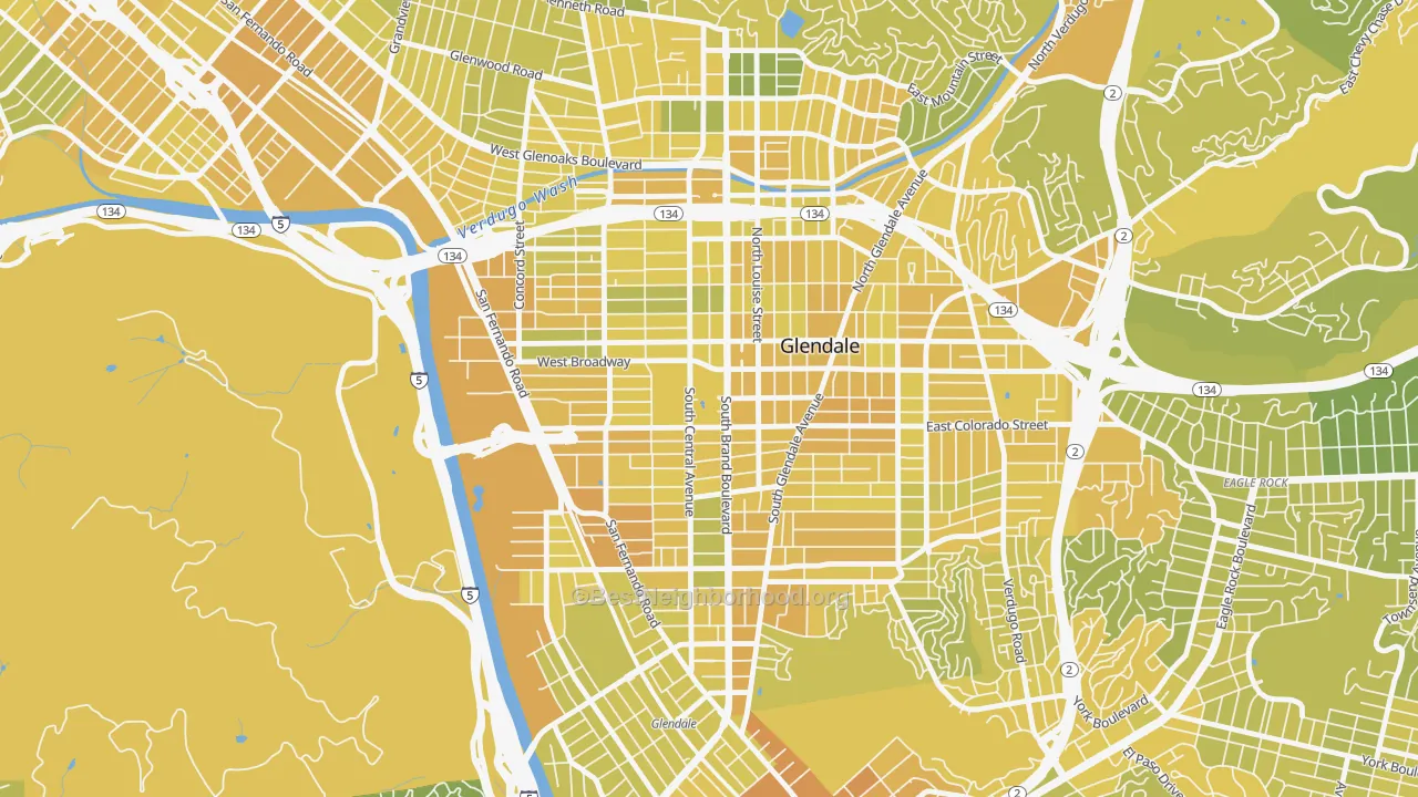 Map of the best neighborhoods in the 91210 area, with better matches in green and worse matches in red