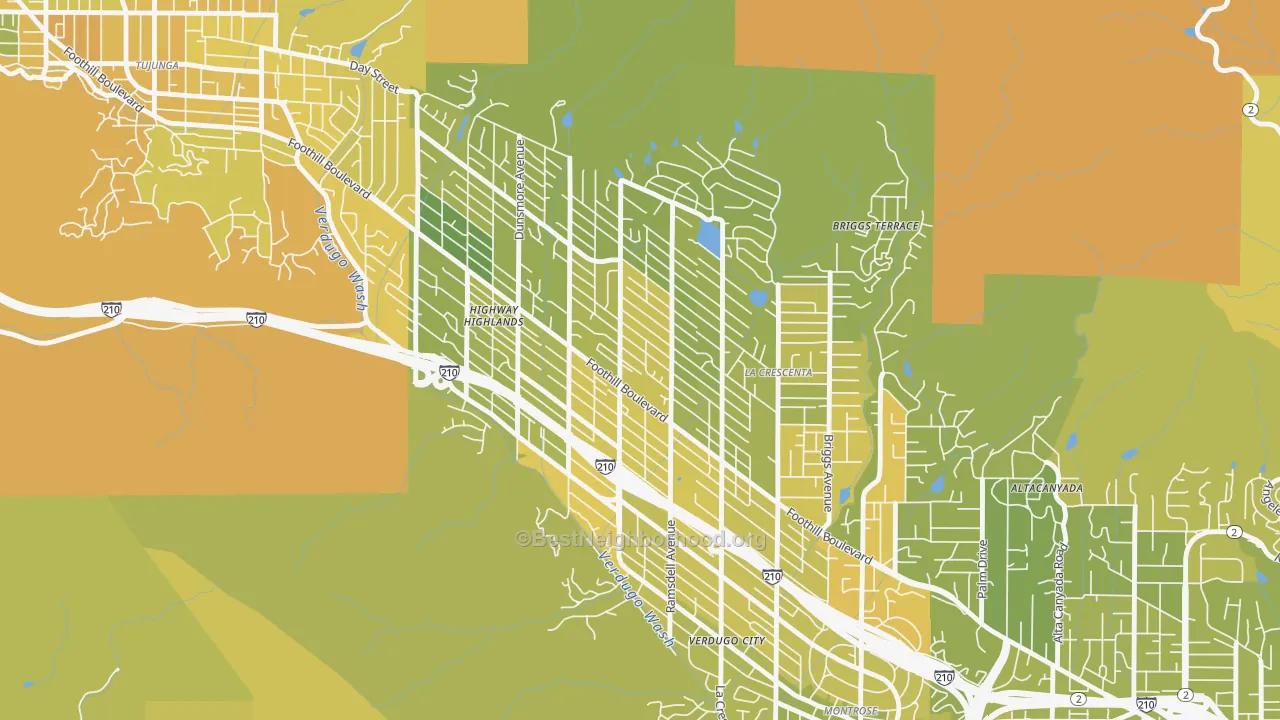 Map of the best neighborhoods in the 91214 area, with better matches in green and worse matches in red