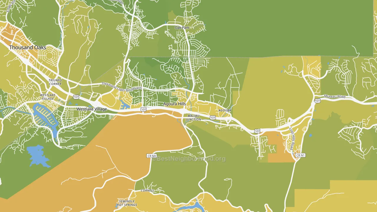 Map of the best neighborhoods in the 91301 area, with better matches in green and worse matches in red