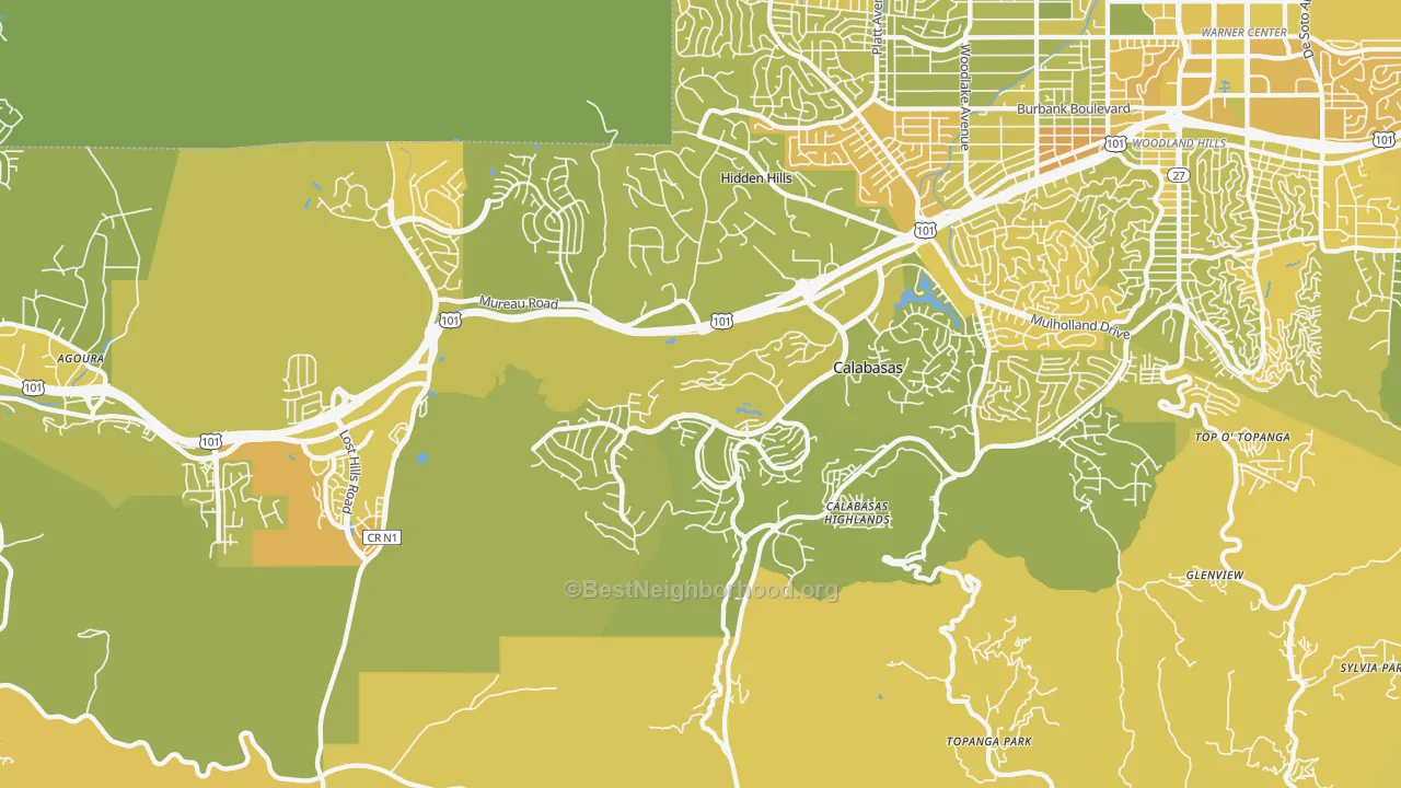 Map of the best neighborhoods in the 91302 area, with better matches in green and worse matches in red