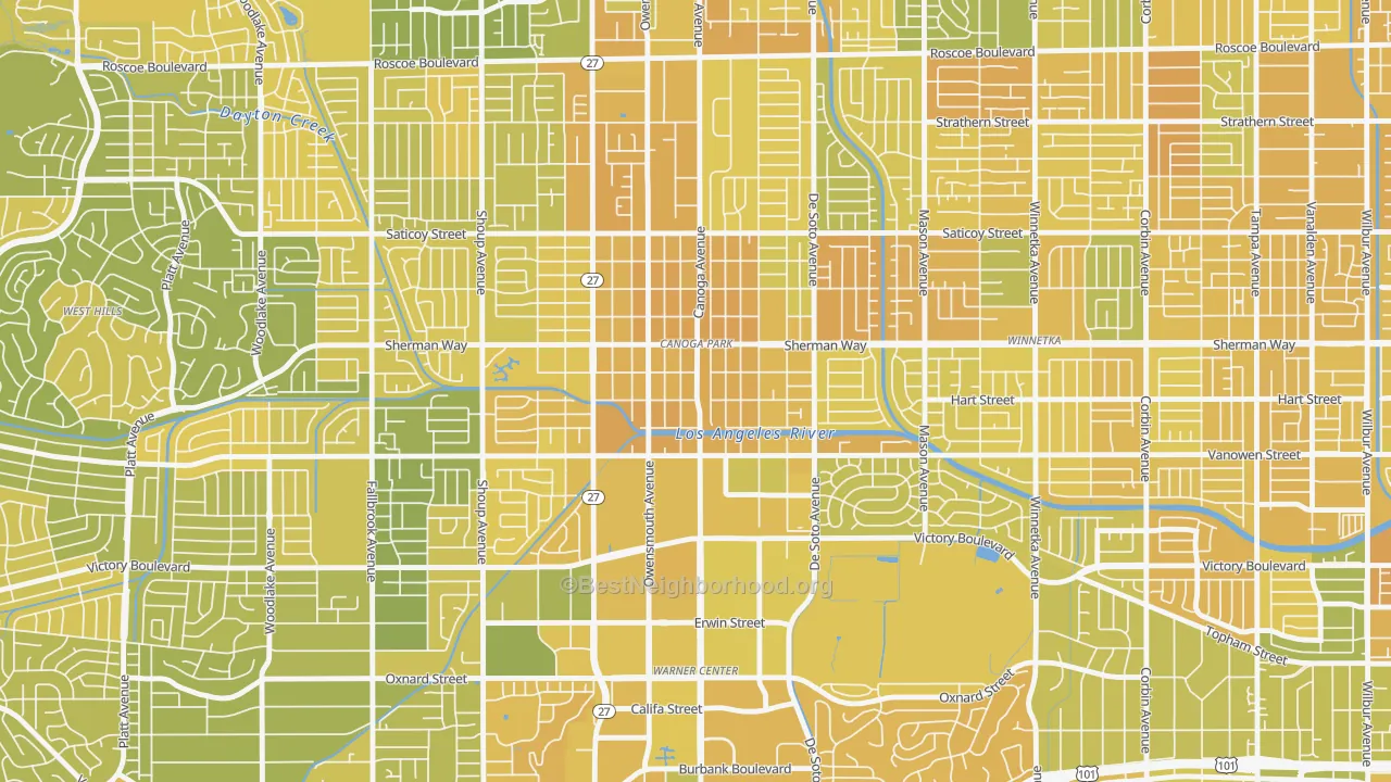 Map of the best neighborhoods in the 91303 area, with better matches in green and worse matches in red