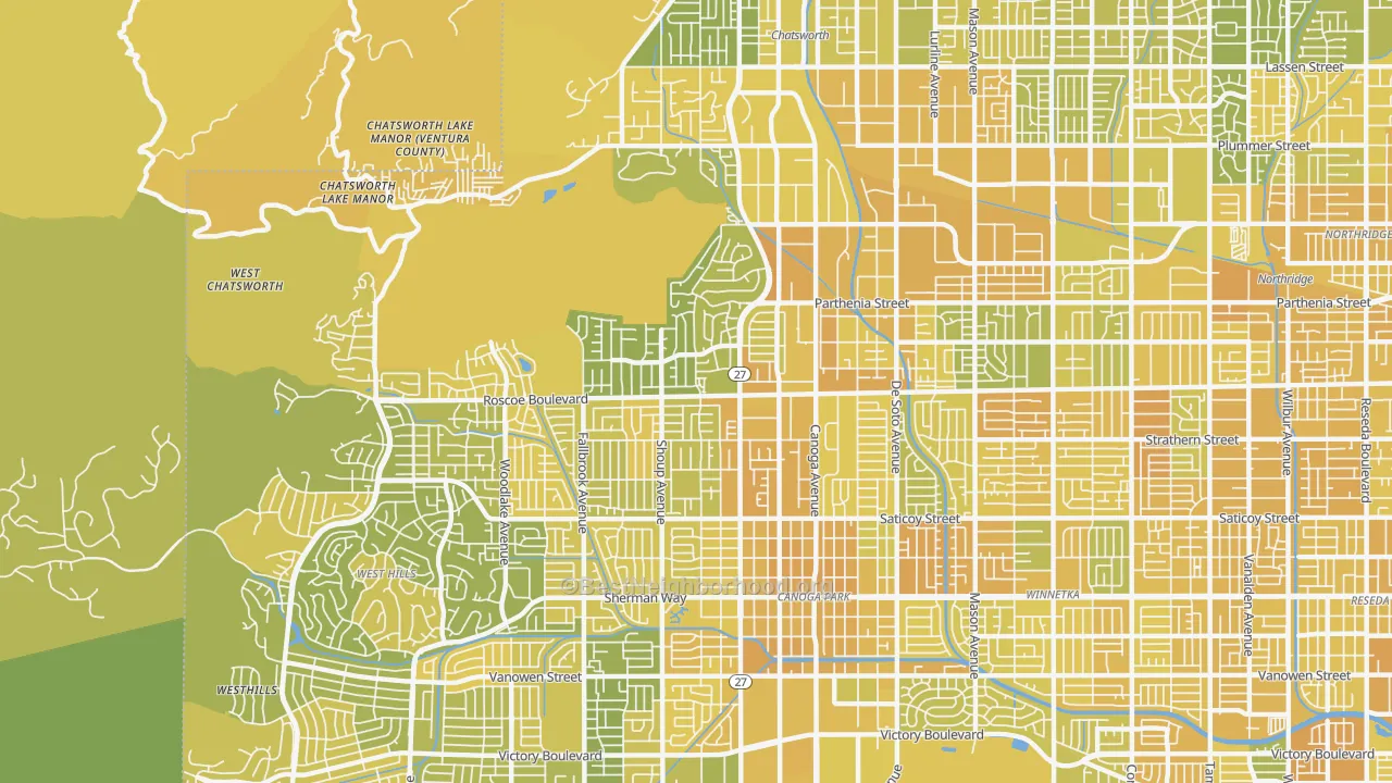 Map of the best neighborhoods in the 91304 area, with better matches in green and worse matches in red