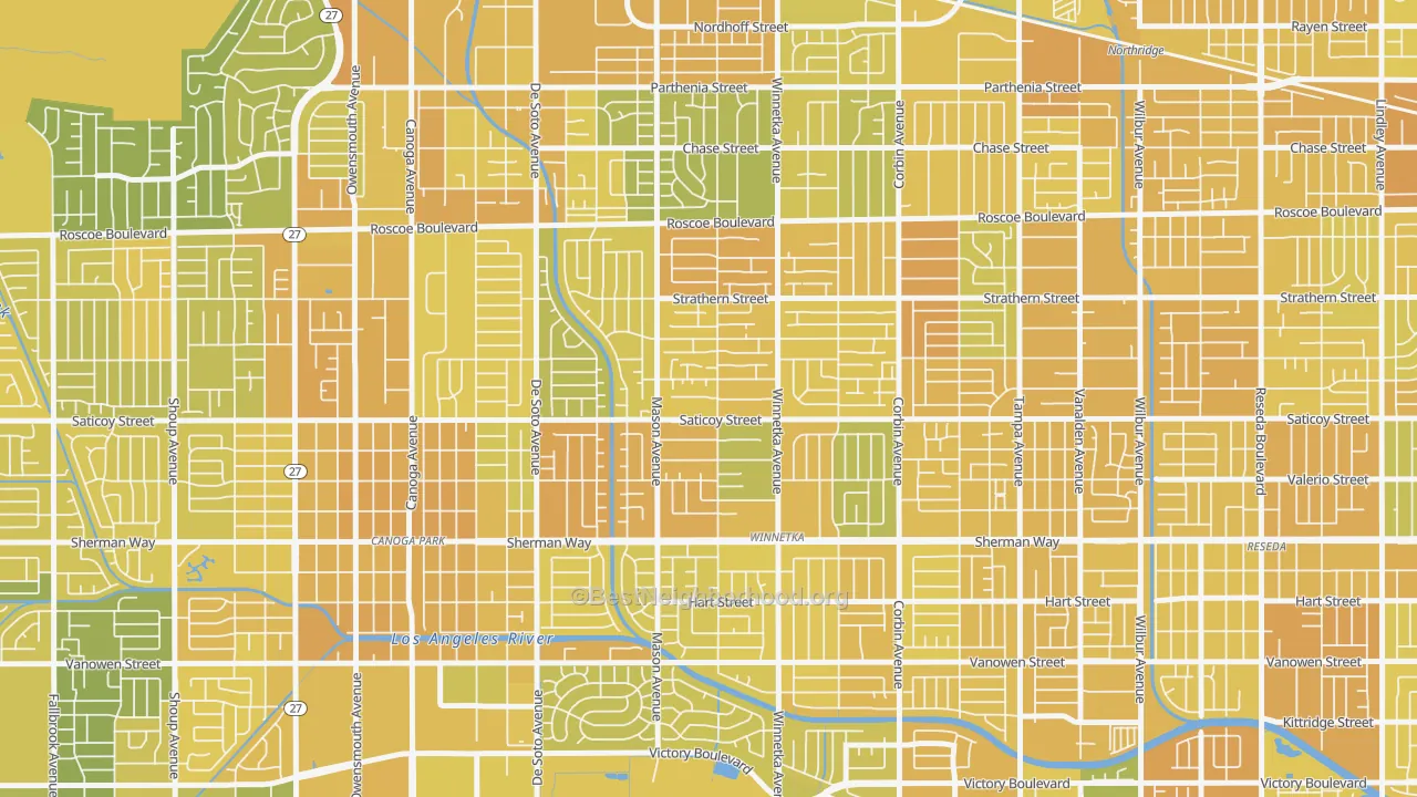 Map of the best neighborhoods in the 91306 area, with better matches in green and worse matches in red