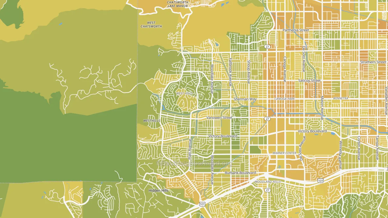 Map of the best neighborhoods in the 91307 area, with better matches in green and worse matches in red