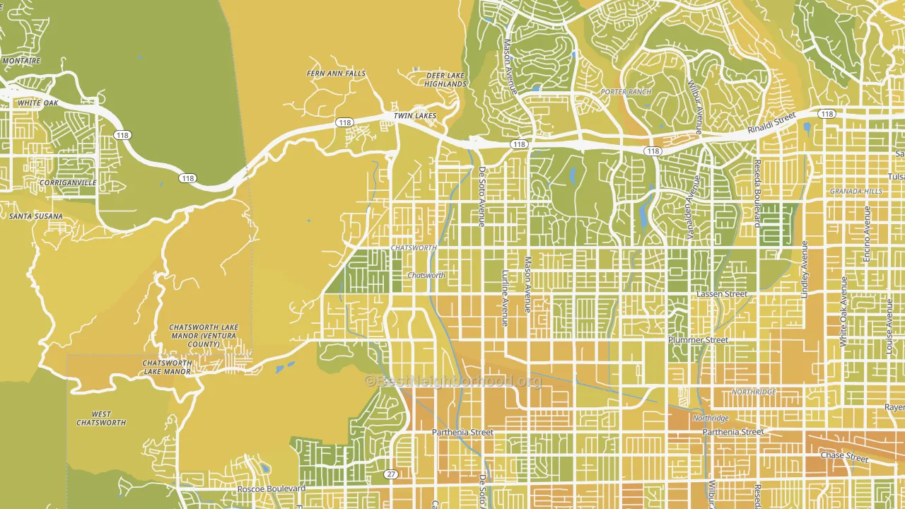 Map of the best neighborhoods in the 91311 area, with better matches in green and worse matches in red