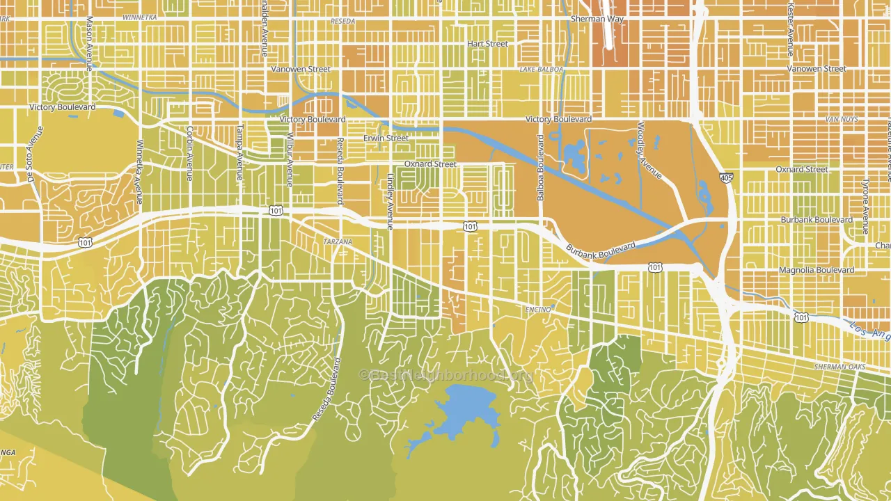 Map of the best neighborhoods in the 91316 area, with better matches in green and worse matches in red
