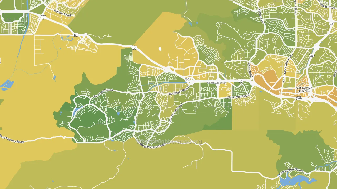 Map of the best neighborhoods in the 91320 area, with better matches in green and worse matches in red