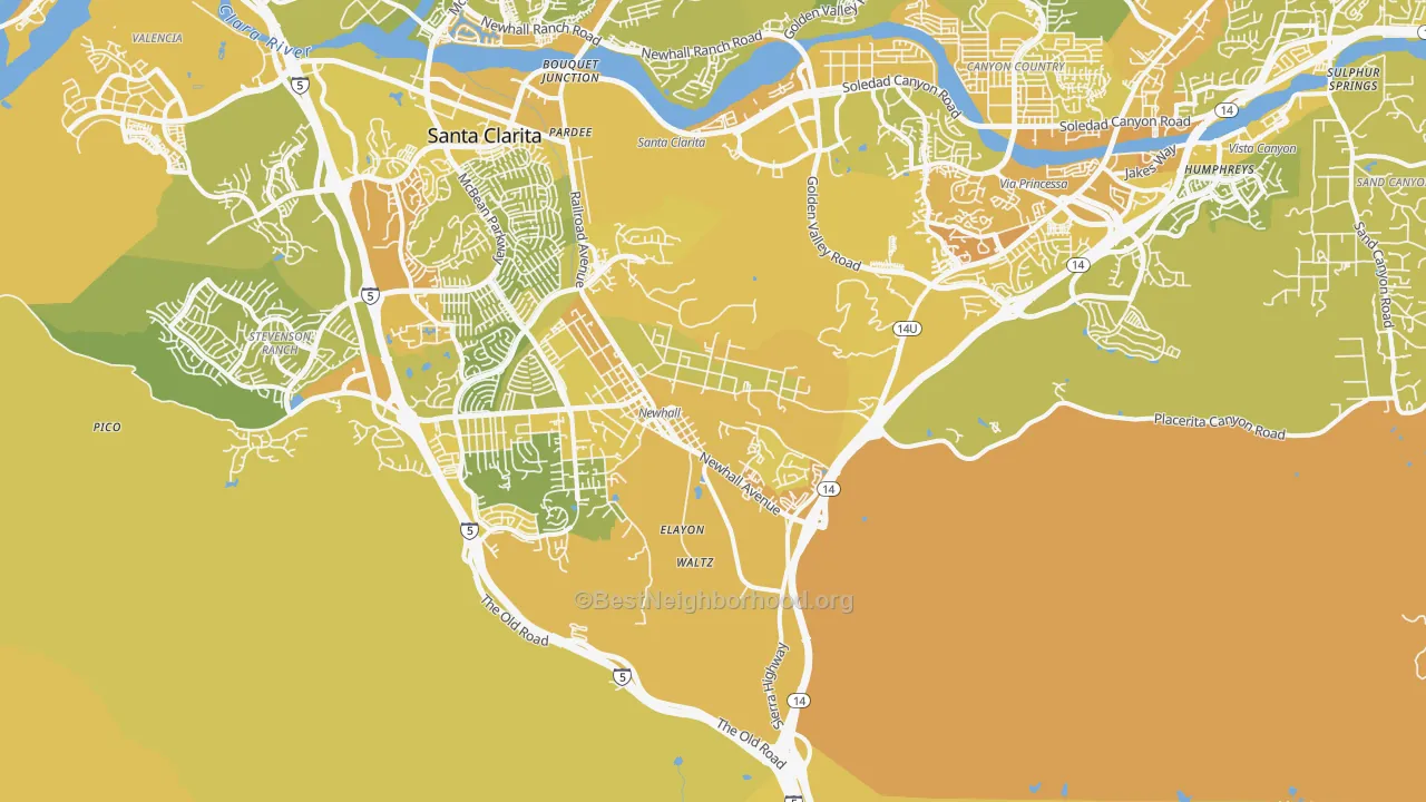 Map of the best neighborhoods in the 91321 area, with better matches in green and worse matches in red