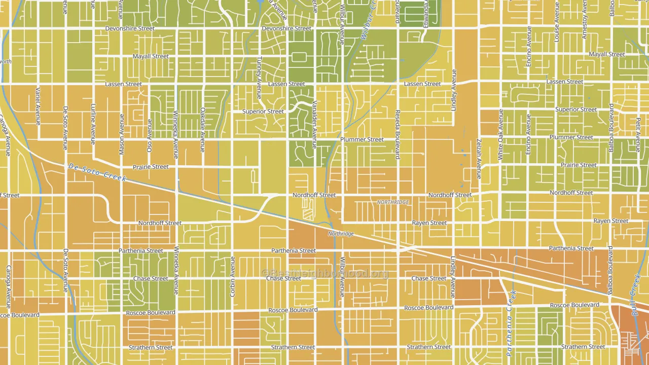 Map of the best neighborhoods in the 91324 area, with better matches in green and worse matches in red