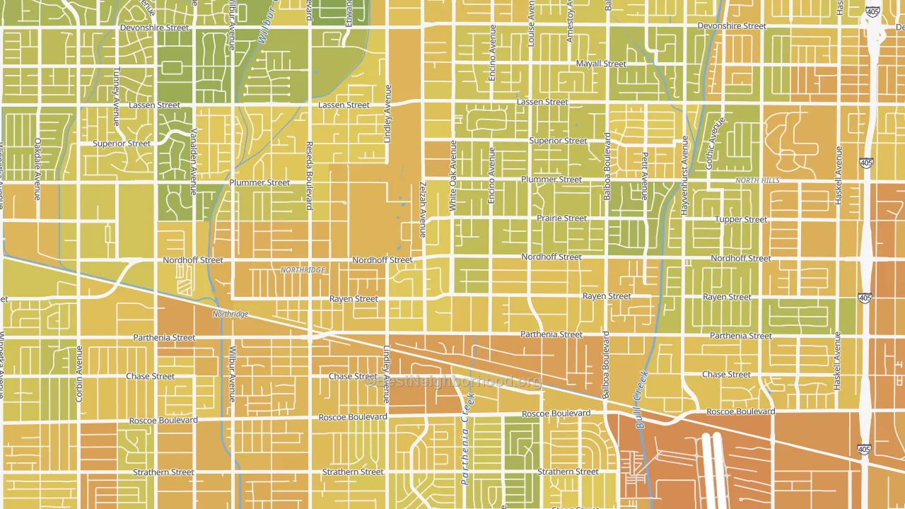 Map of the best neighborhoods in the 91325 area, with better matches in green and worse matches in red