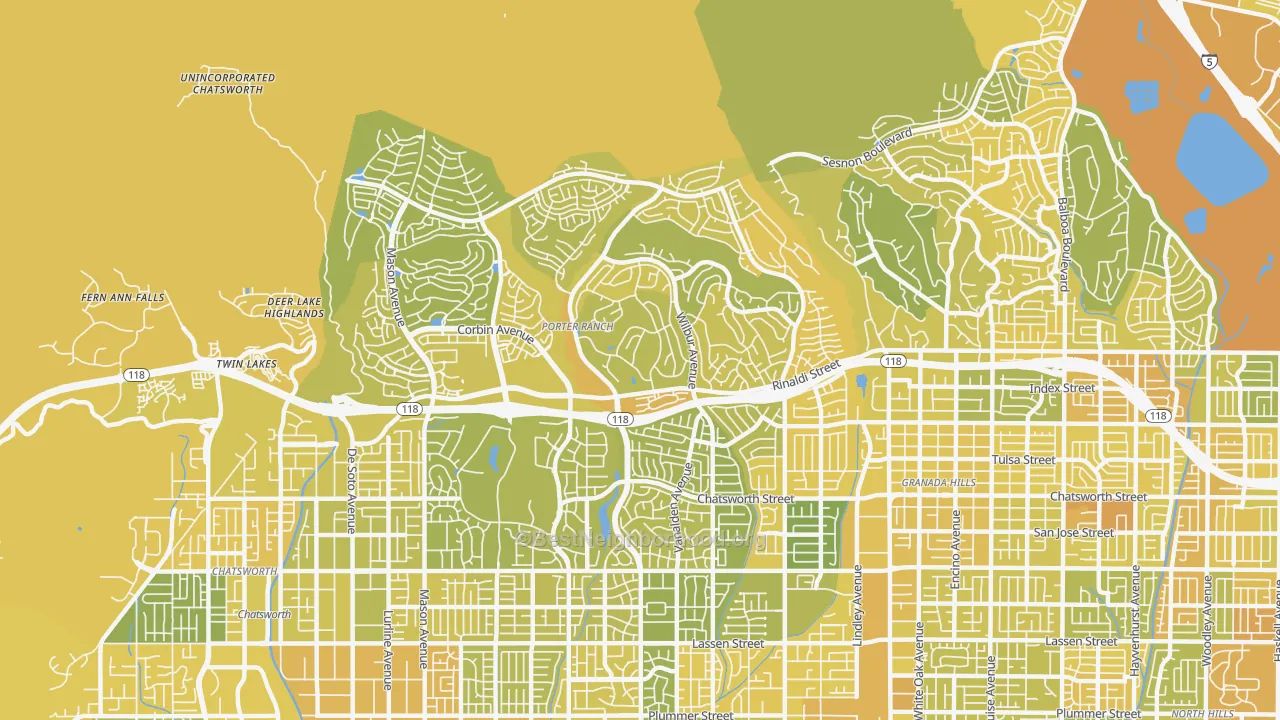 Map of the best neighborhoods in the 91326 area, with better matches in green and worse matches in red