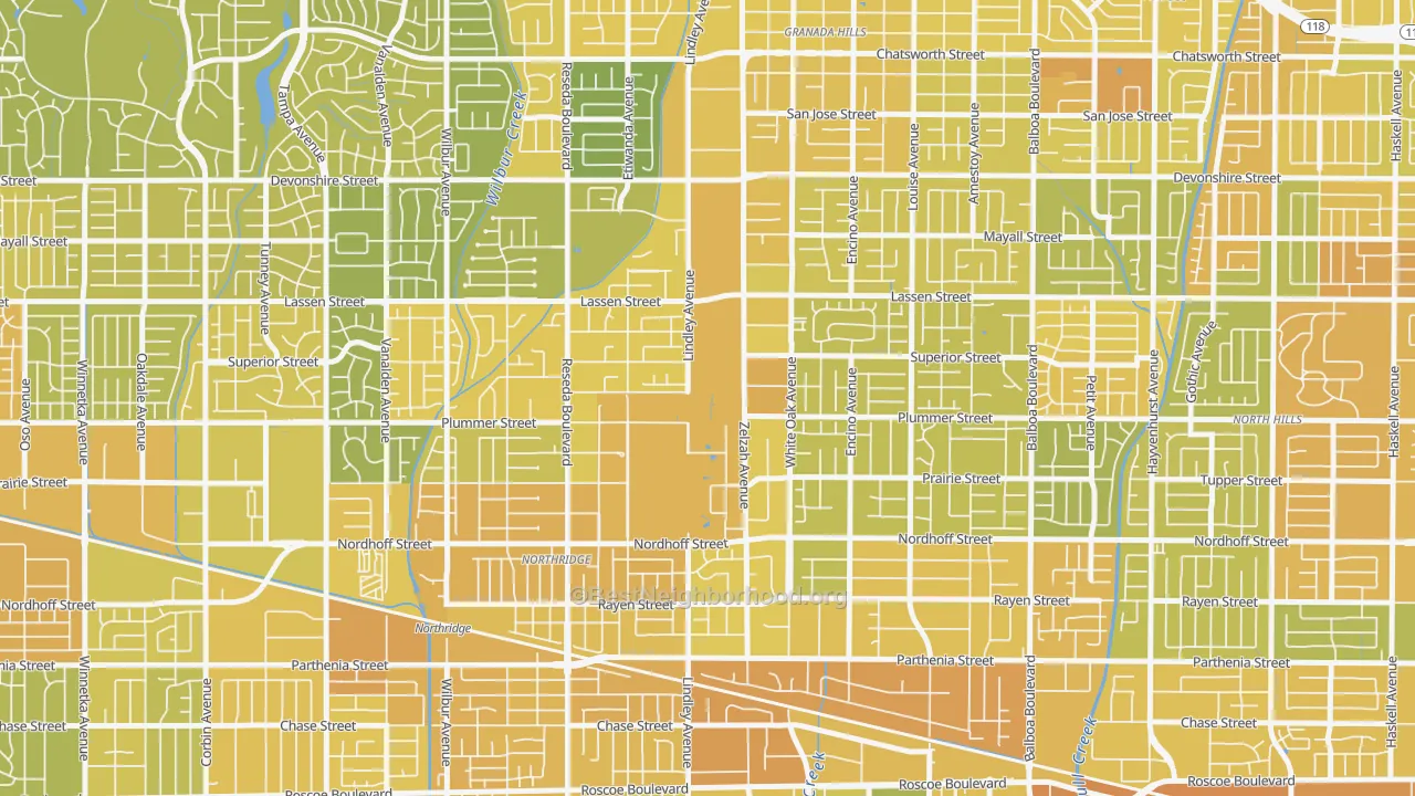 Map of the best neighborhoods in the 91330 area, with better matches in green and worse matches in red