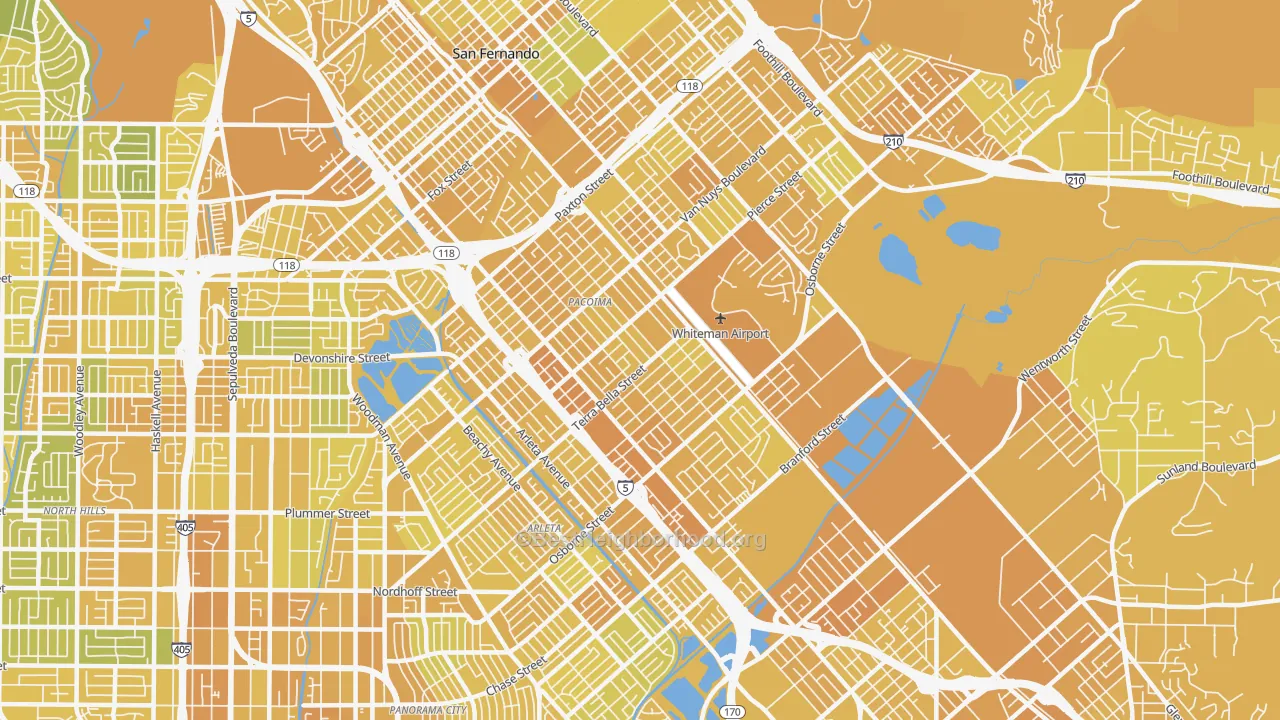 Map of the best neighborhoods in the 91331 area, with better matches in green and worse matches in red