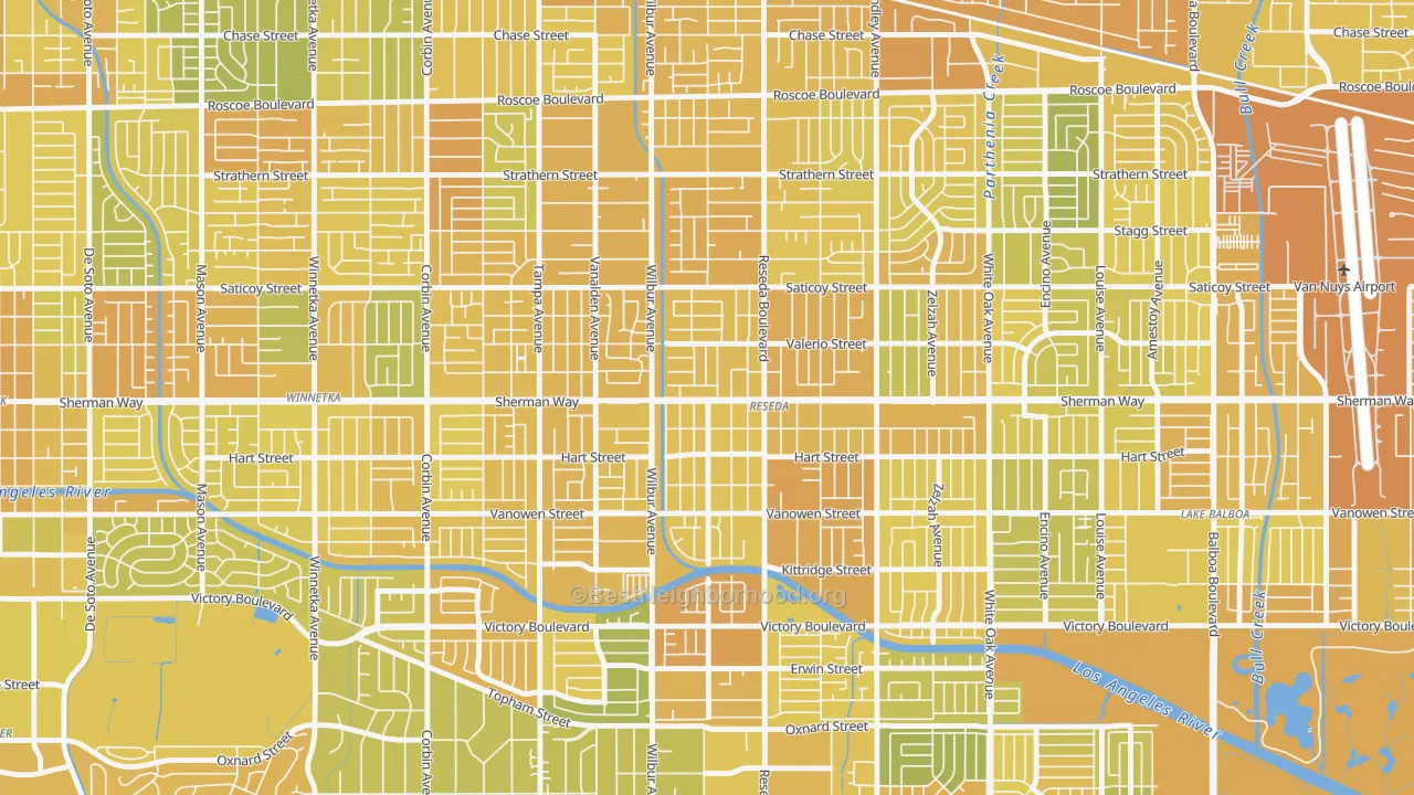Map of the best neighborhoods in the 91335 area, with better matches in green and worse matches in red