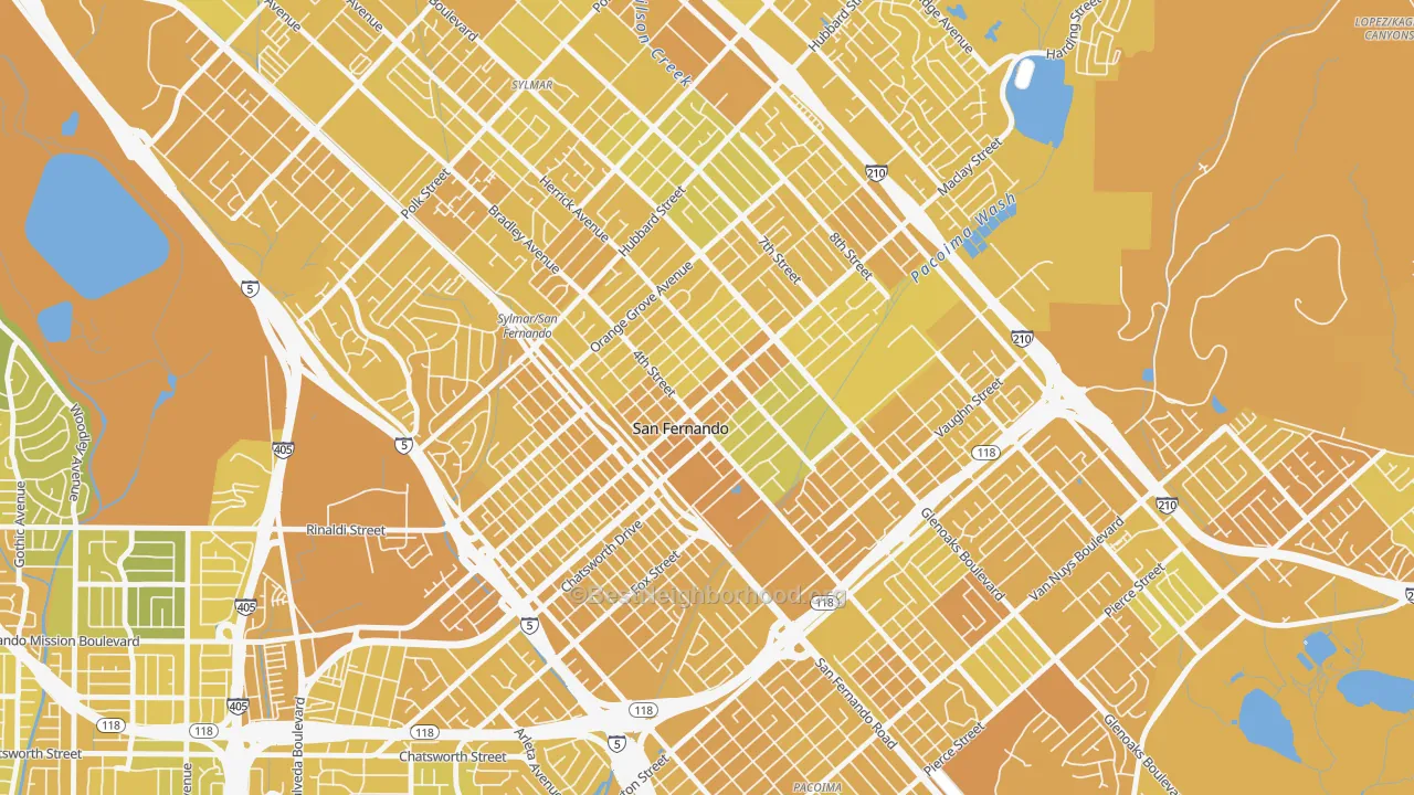 Map of the best neighborhoods in the 91340 area, with better matches in green and worse matches in red