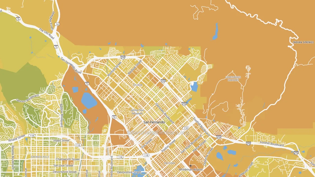 Map of the best neighborhoods in the 91342 area, with better matches in green and worse matches in red