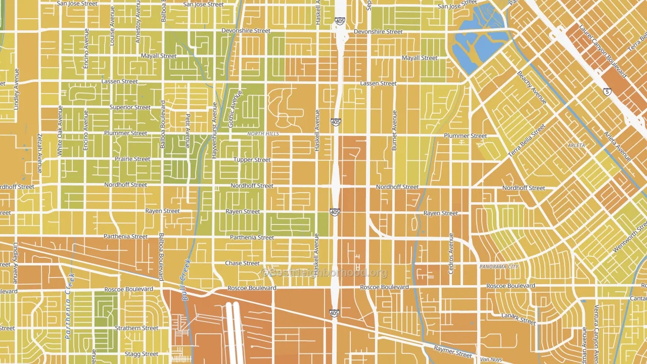 Map of the best neighborhoods in the 91343 area, with better matches in green and worse matches in red
