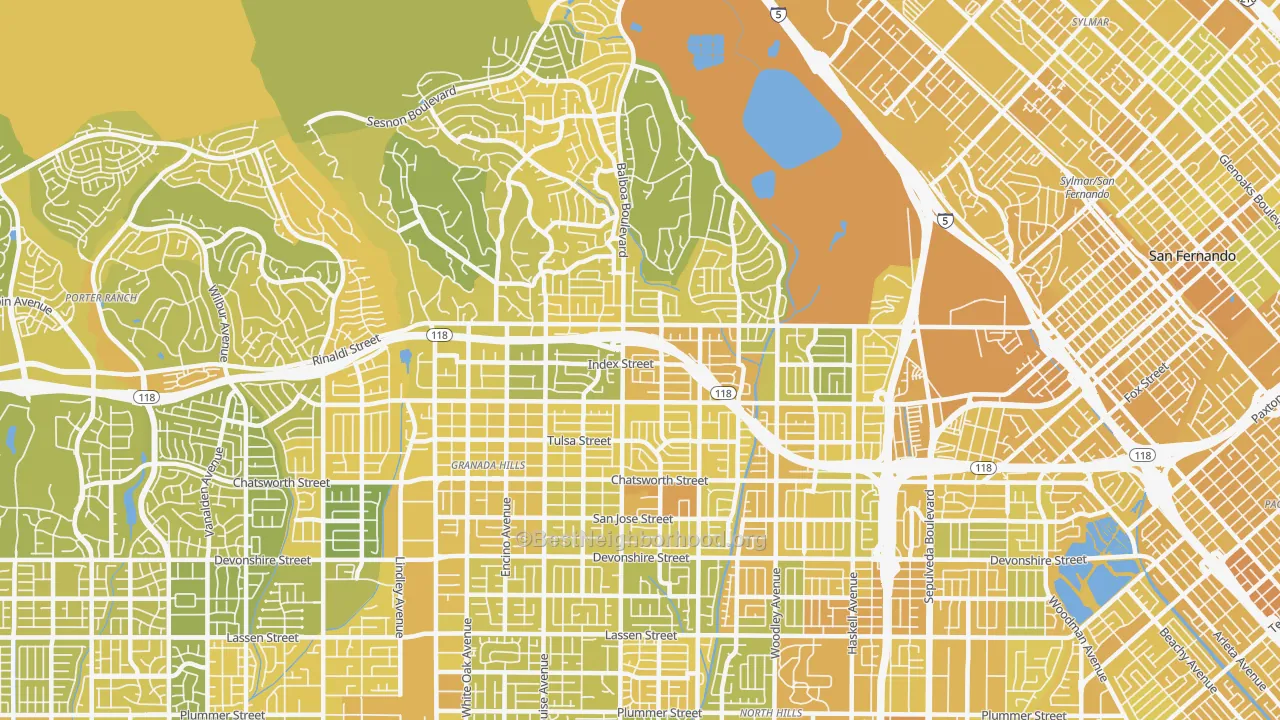 Map of the best neighborhoods in the 91344 area, with better matches in green and worse matches in red
