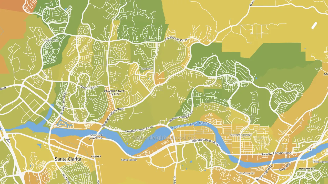 Map of the best neighborhoods in the 91350 area, with better matches in green and worse matches in red