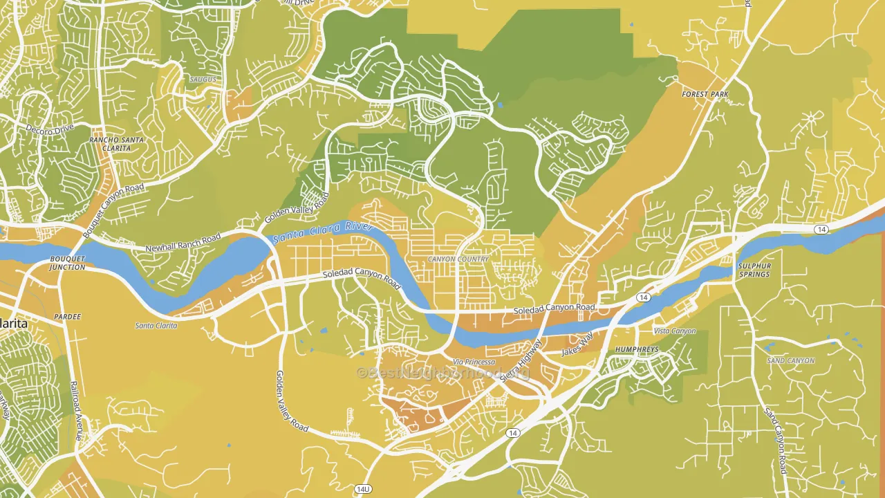 Map of the best neighborhoods in the 91351 area, with better matches in green and worse matches in red