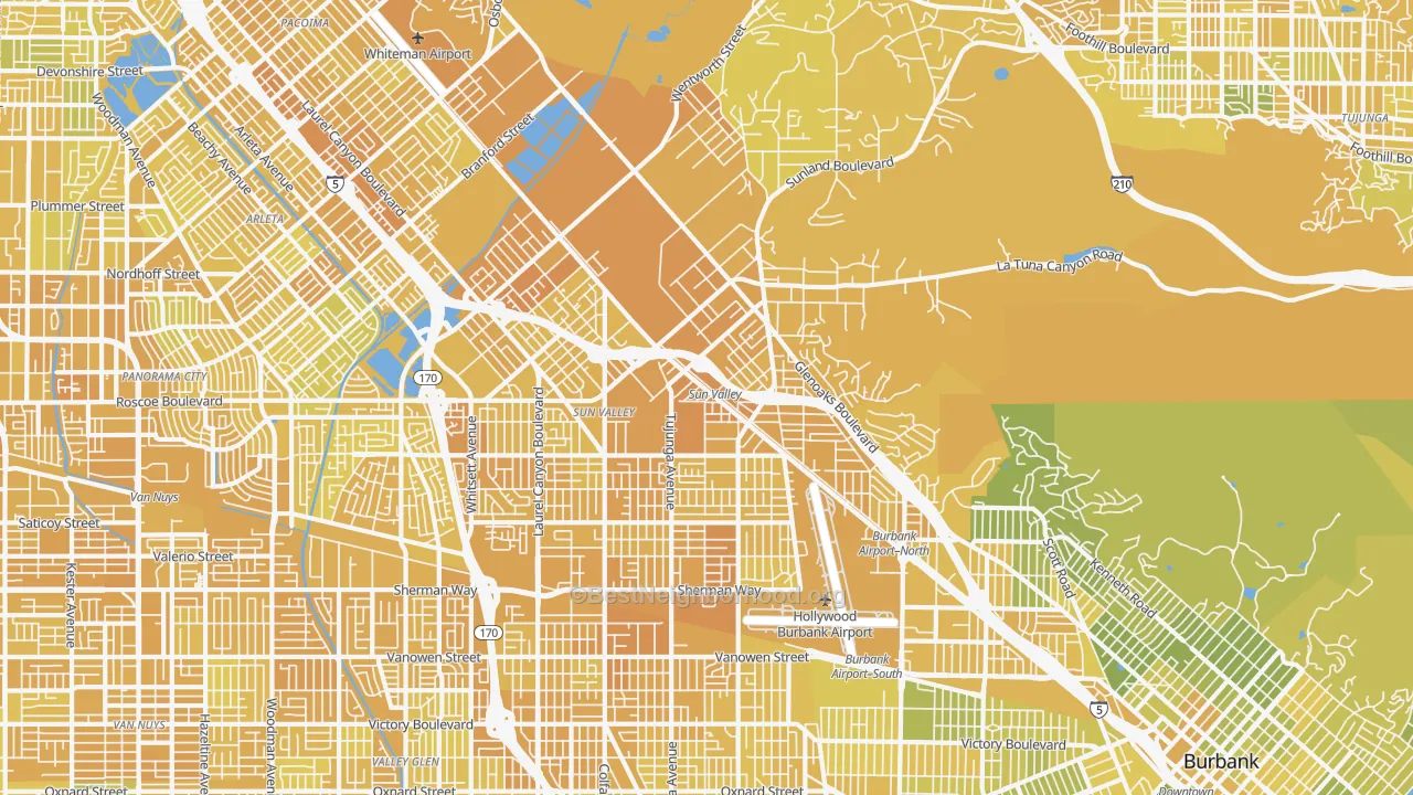 Map of the best neighborhoods in the 91352 area, with better matches in green and worse matches in red