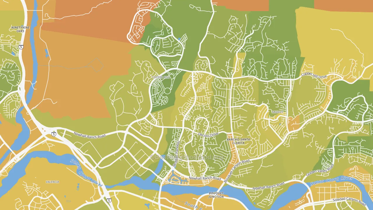 Map of the best neighborhoods in the 91354 area, with better matches in green and worse matches in red