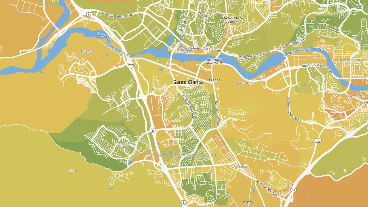 Map of the best neighborhoods in the 91355 area, with better matches in green and worse matches in red