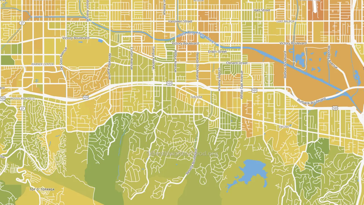 Map of the best neighborhoods in the 91356 area, with better matches in green and worse matches in red
