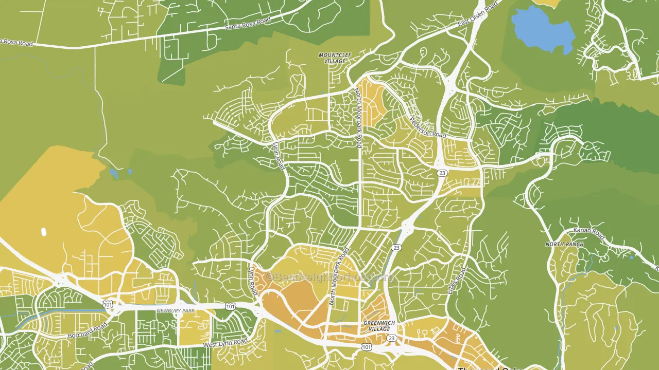Map of the best neighborhoods in the 91360 area, with better matches in green and worse matches in red
