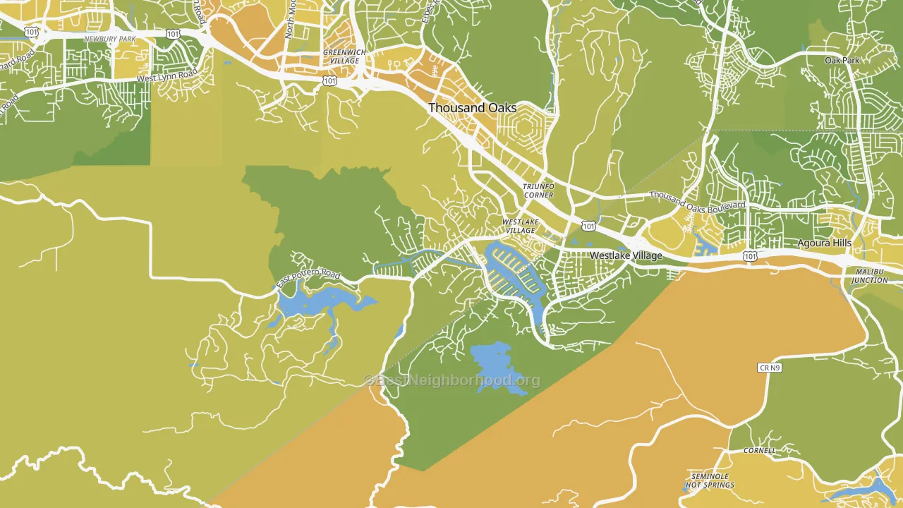 Map of the best neighborhoods in the 91361 area, with better matches in green and worse matches in red