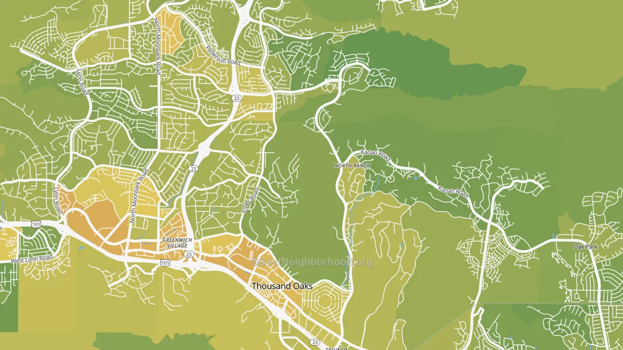 Map of the best neighborhoods in the 91362 area, with better matches in green and worse matches in red