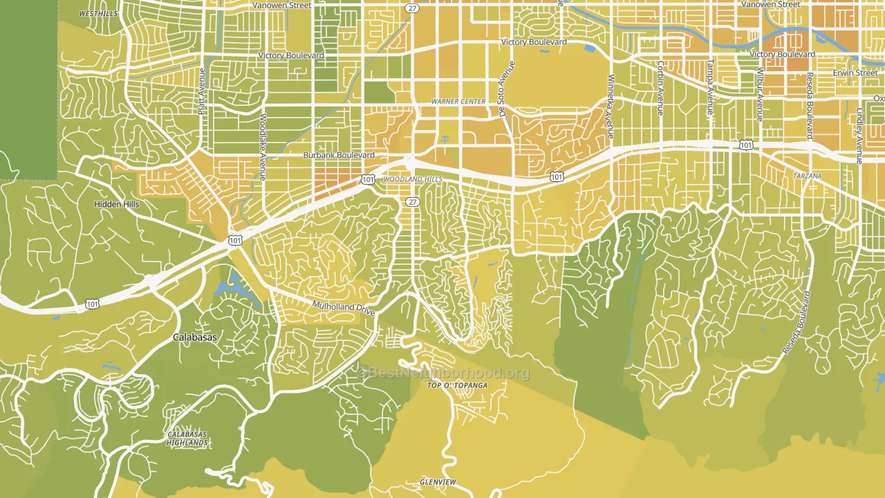 Map of the best neighborhoods in the 91364 area, with better matches in green and worse matches in red